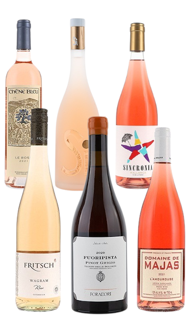 six personnages roses paquet de vin juin