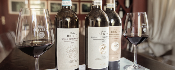 brizio bottles and glasses with brunello
