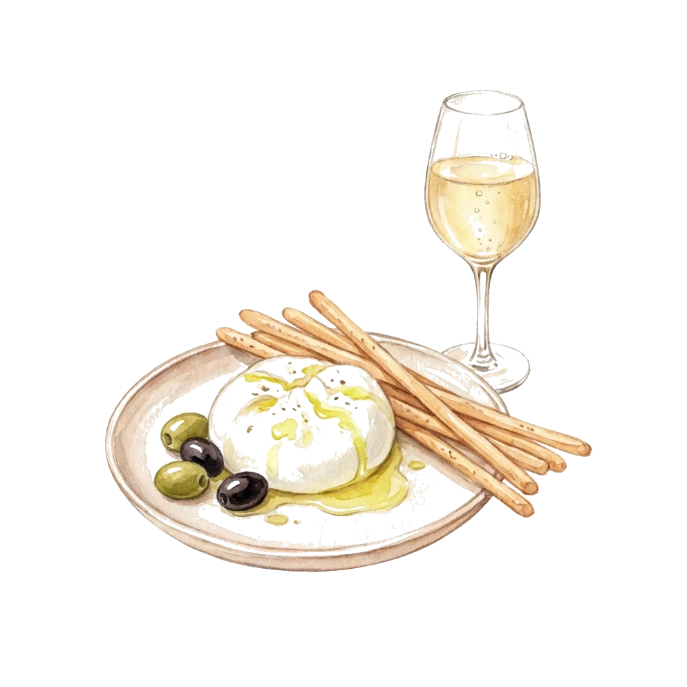 Burrata mit Oliven und Grissini zum Aperitivo