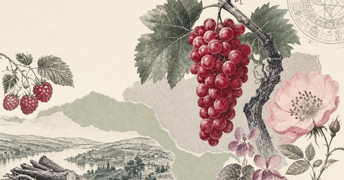 Editorial-Collage zur Appellation Barbaresco: Halbton-Stich eines Nebbiolo-Rebstocks mit granatroten Trauben, wilder Rose, Veilchen und Himbeeren auf Pergament, Cut-Paper-Flächen in Salbeigrün und Rosé