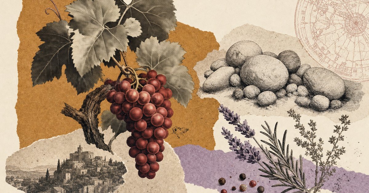 Editorial-Collage zur Appellation Châteauneuf-du-Pape: Halbton-Stich einer Grenache-Rebe mit rubinroten Trauben, Rollkieseln (galets roulés), Garrigue-Kräutern und Pfeffer auf Pergament, Cut-Paper-Flächen in Ocker und Lavendel Editorial-Collage zur Appellation Châteauneuf-du-Pape: Halbton-Stich einer Grenache-Rebe mit rubinroten Trauben, Rollkieseln (galets roulés), Garrigue-Kräutern und Pfeffer auf Pergament, Cut-Paper-Flächen in Ocker und Lavendel