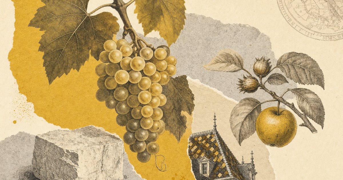 Editorial-Collage zur Appellation Meursault: Halbton-Stich einer Chardonnay-Rebe mit goldenen Trauben, Haselnusszweig, reifem Apfel und burgundischem Ziegeldach auf Pergament, Cut-Paper-Flächen in Honiggold und Kalkgrau Editorial-Collage zur Appellation Meursault: Halbton-Stich einer Chardonnay-Rebe mit goldenen Trauben, Haselnusszweig, reifem Apfel und burgundischem Ziegeldach auf Pergament, Cut-Paper-Flächen in Honiggold und Kalkgrau