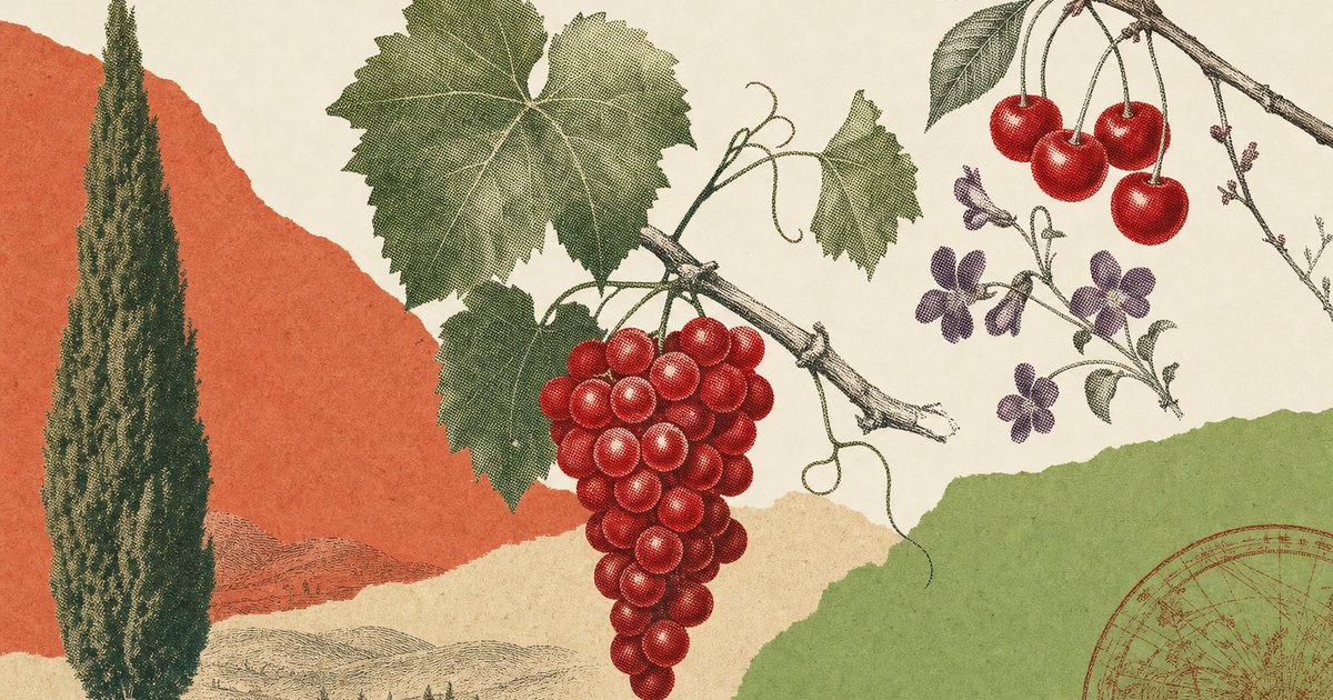 Editorial-Collage zur Appellation Rosso di Montalcino: Halbton-Stich einer jungen Sangiovese-Rebe mit rubinroten Trauben, Kirschen, Veilchen und Zypresse auf Pergament, Cut-Paper-Flächen in Terracotta und Frühlingsgrün Editorial-Collage zur Appellation Rosso di Montalcino: Halbton-Stich einer jungen Sangiovese-Rebe mit rubinroten Trauben, Kirschen, Veilchen und Zypresse auf Pergament, Cut-Paper-Flächen in Terracotta und Frühlingsgrün