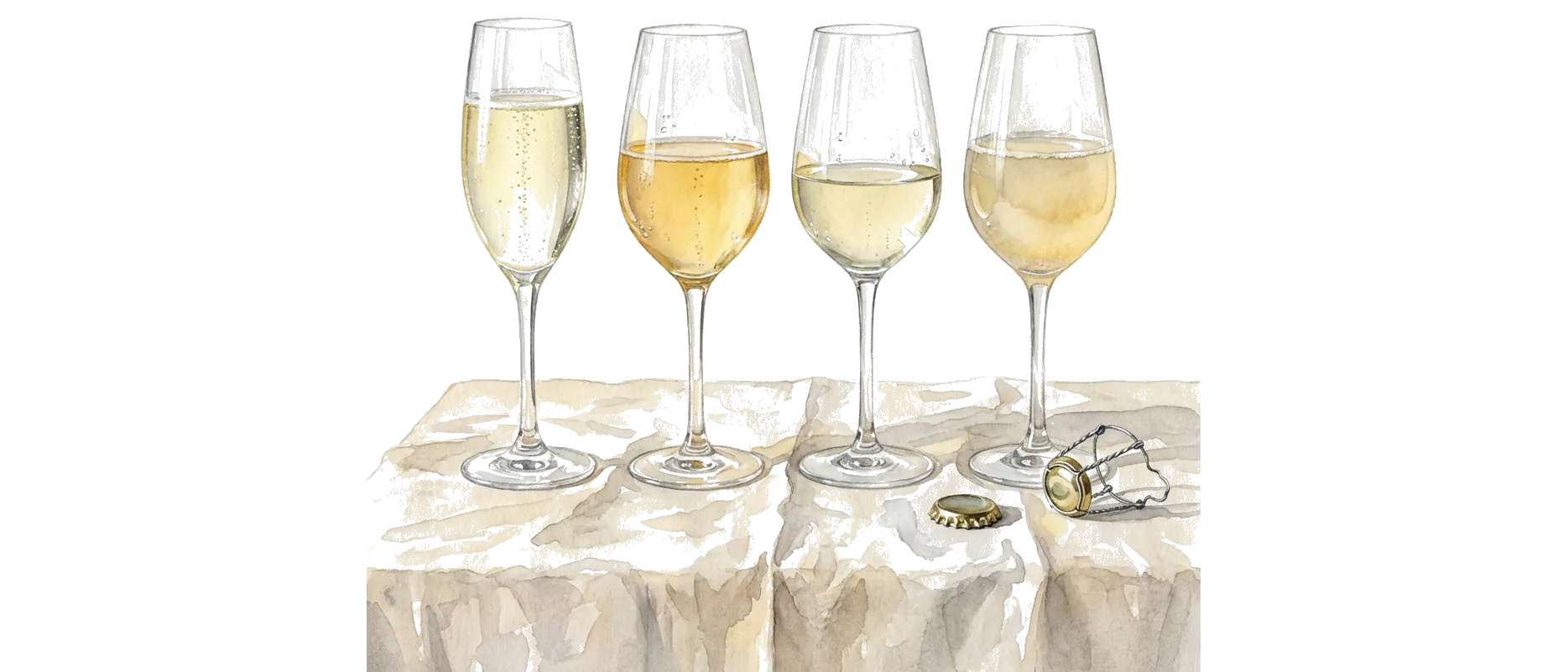 Quatre verres de vin effervescent côte à côte : champagne, crémant, sekt et un pét-nat trouble, à côté une capsule et un muselet