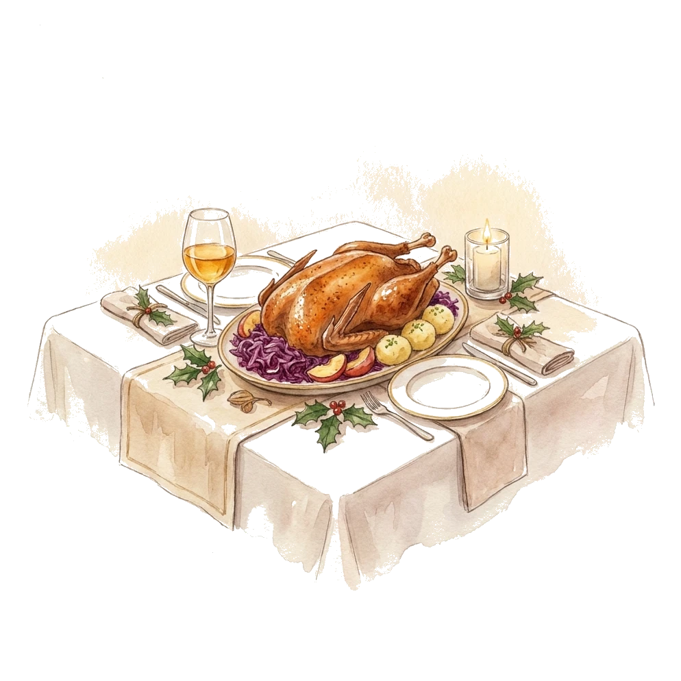 Gänsebraten mit Apfelrotkohl und einem Glas Riesling – Aquarell