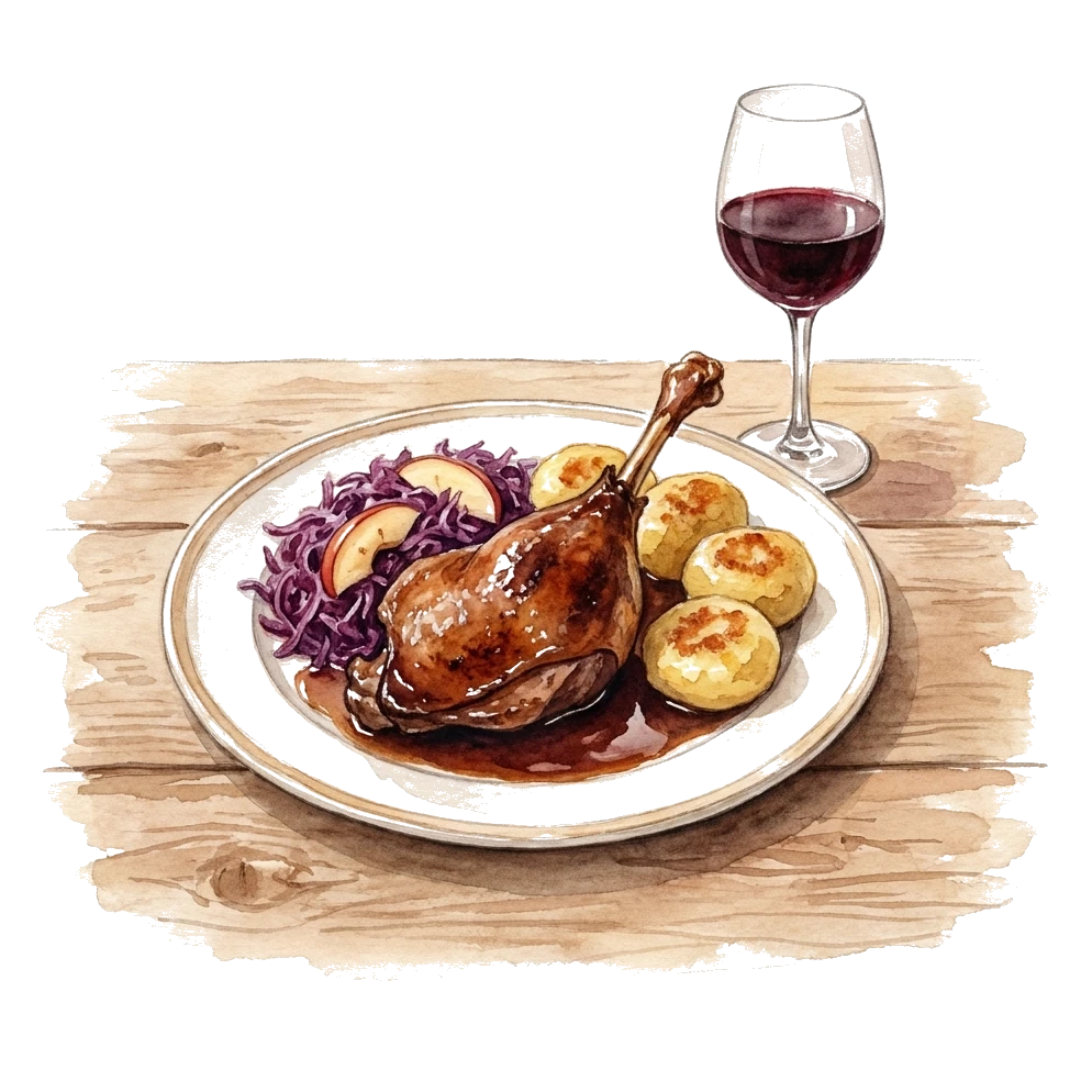 Geschmorte Gänsekeule mit dunklem Jus und Rotkohl-Apfelsalat – Aquarell