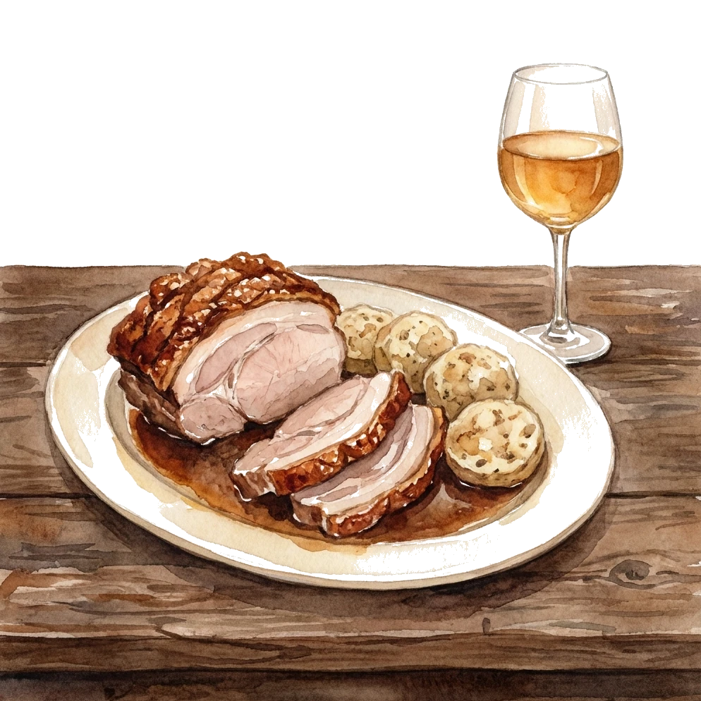 Schweinekrustenbraten mit Knödeln, Biersauce und einem Glas Weißwein – Aquarell