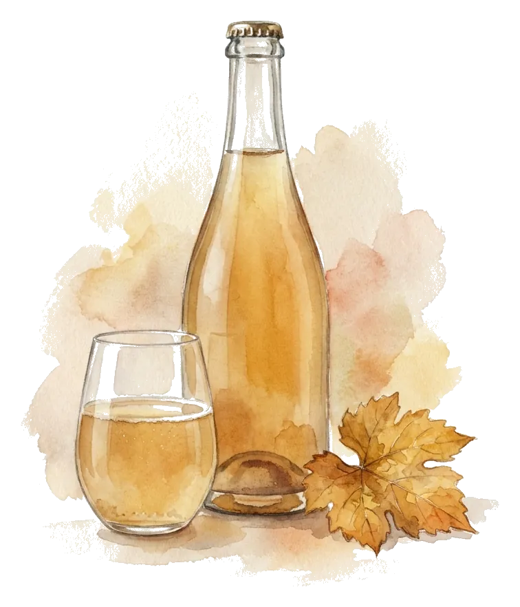 Bouteille de pét-nat capsulée avec un dépôt de levures au fond, à côté un verre de vin effervescent légèrement trouble et une feuille de vigne d'automne
