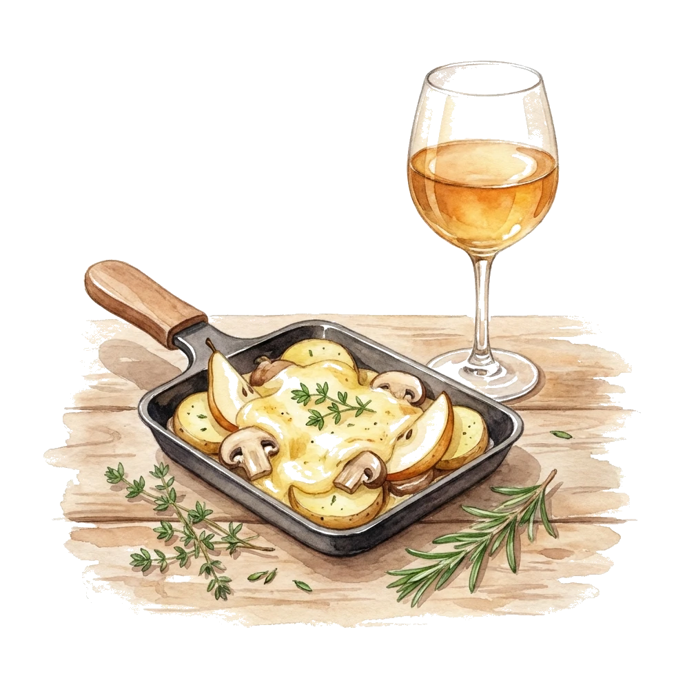 Raclette-Pfännchen mit Gemüse, Champignons und Birnenspalten unter geschmolzenem Käse, dazu ein Glas Weißwein – Aquarell