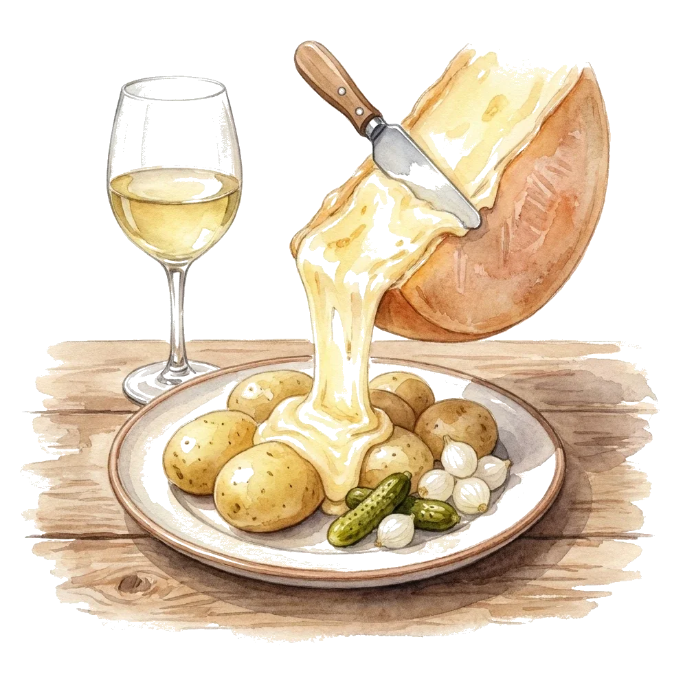 Raclette-Käse wird über Pellkartoffeln geschabt, daneben Silberzwiebeln, Cornichons und ein Glas Weißwein – Aquarell