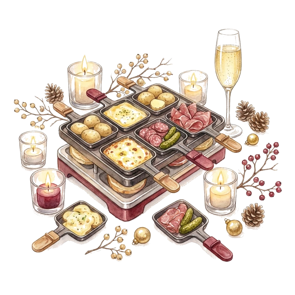 Raclette-Tisch mit schmelzendem Käse und einer Flöte Schaumwein mit feiner Perlage – Aquarell