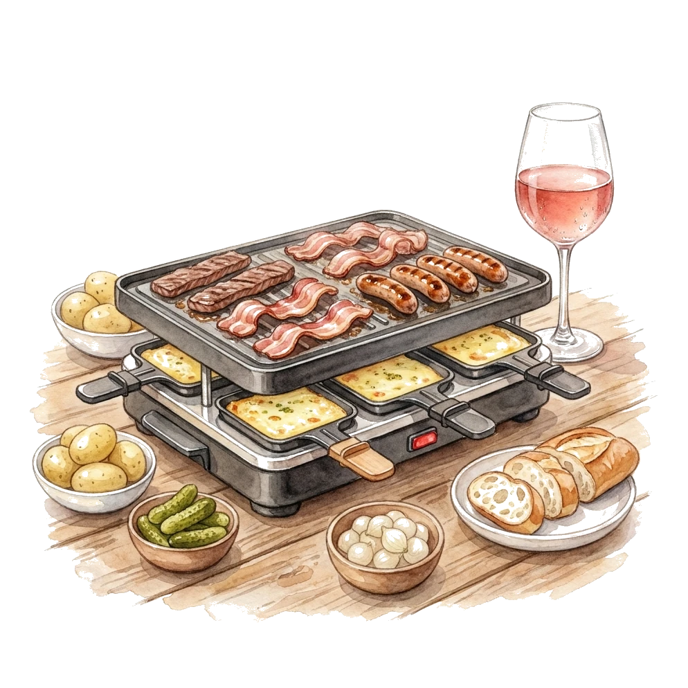 Raclette-Pfännchen mit Käse, daneben gegrillte Fleischstreifen, Speck und ein Glas kühler Rotwein – Aquarell