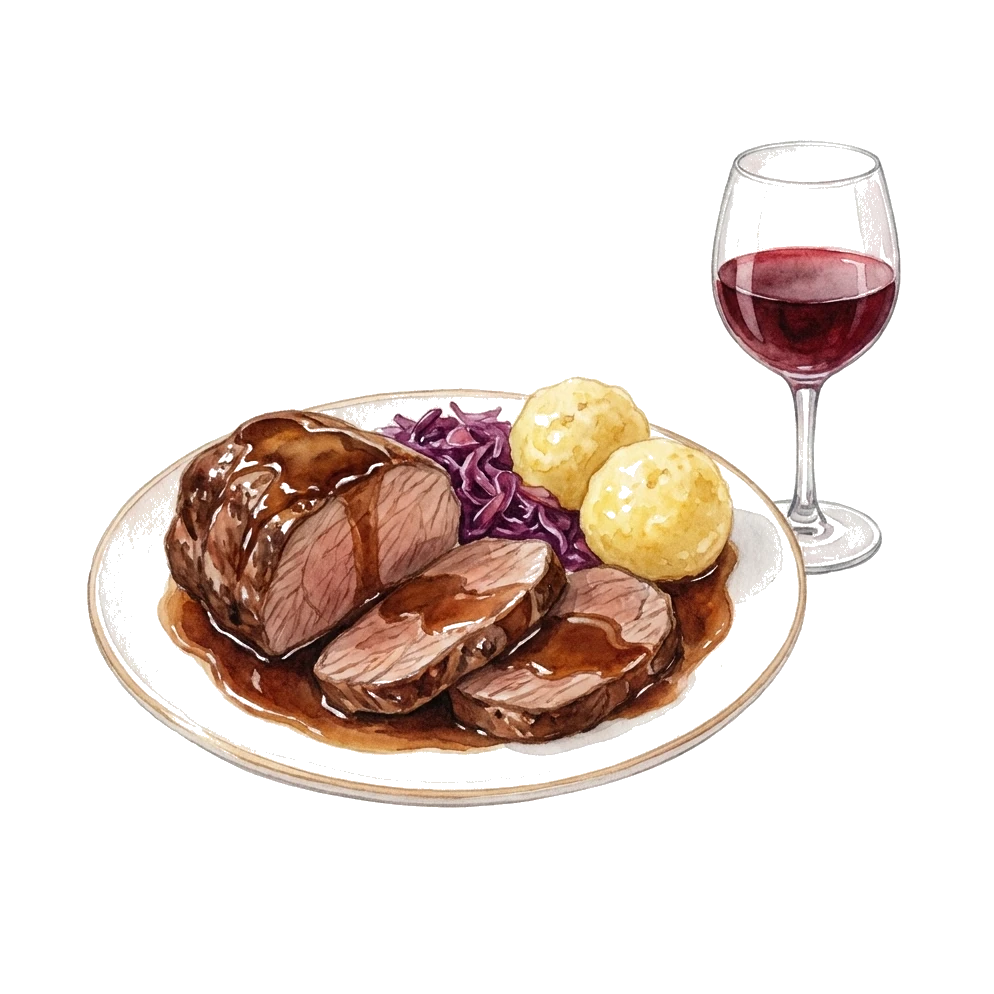 Angeschnittener Rinderbraten mit dunkler Sauce, Rotkohl und Klößen – Aquarell