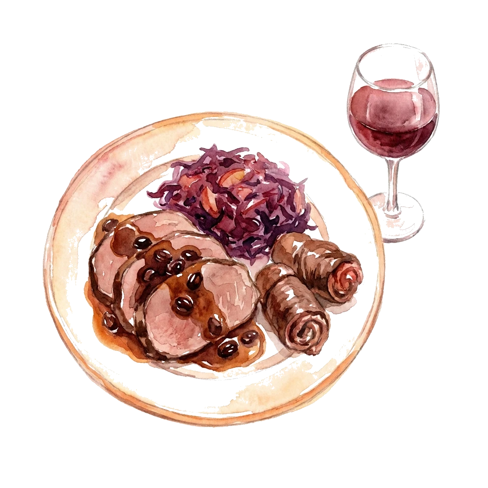 Rheinischer Sauerbraten mit süßsaurer Sauce, Rosinen und Apfelrotkohl – Aquarell