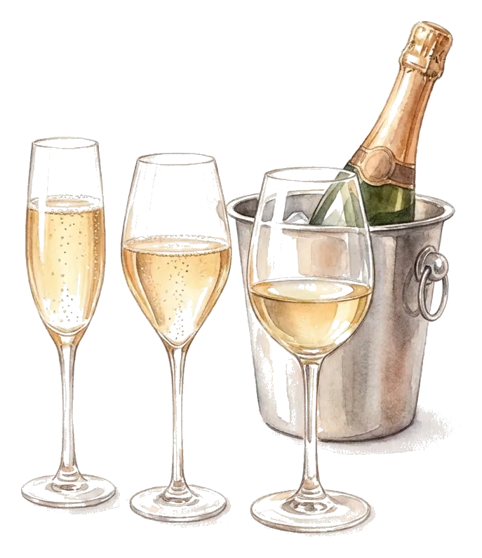 Flûte, verre tulipe et verre à vin blanc remplis de vin effervescent, derrière eux une bouteille dans un seau à glace