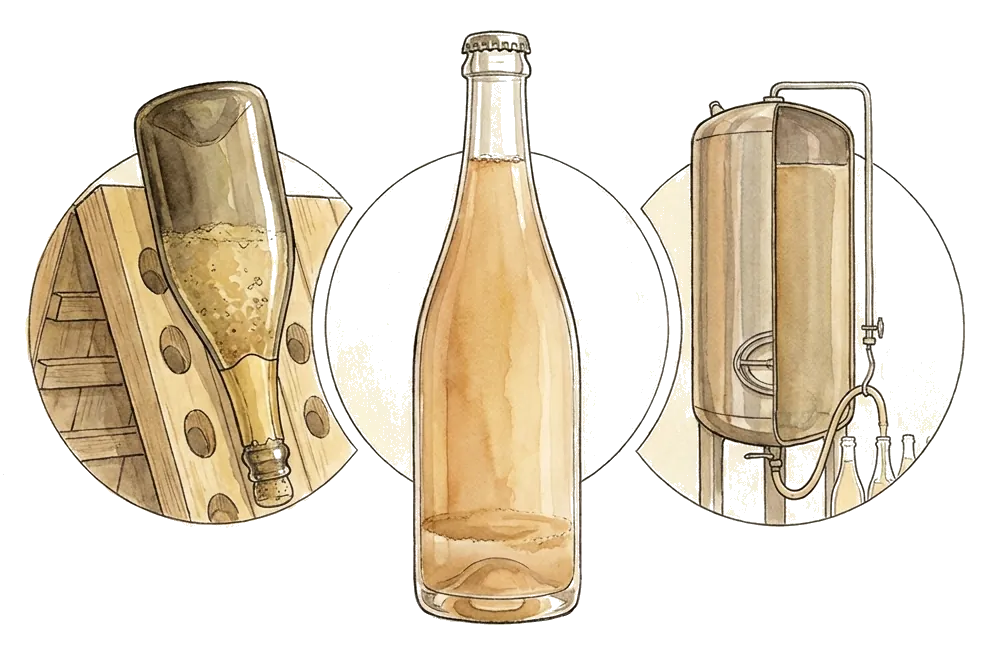 Illustration des trois méthodes : bouteille sur pupitre (méthode traditionnelle), bouteille capsulée avec son dépôt de levures (méthode ancestrale), cuve close avec tuyau de remplissage (méthode Charmat)