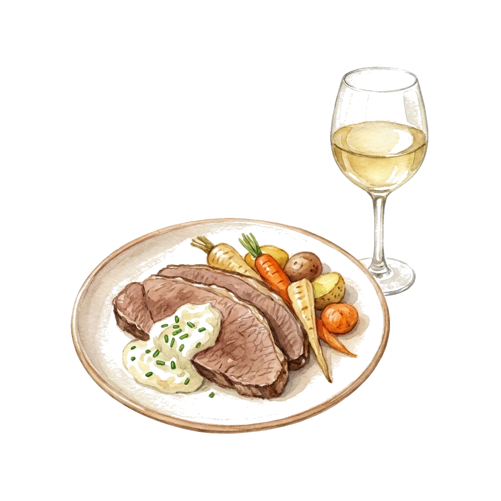 Tafelspitz mit Apfelkren, Schnittlauchsauce und einem Glas Grünem Veltliner – Aquarell