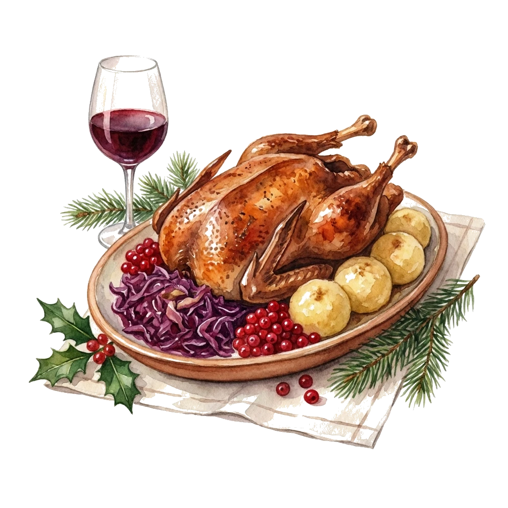 Angeschnittene Weihnachtsgans mit Rotkohl, Klößen und Preiselbeeren – Aquarell